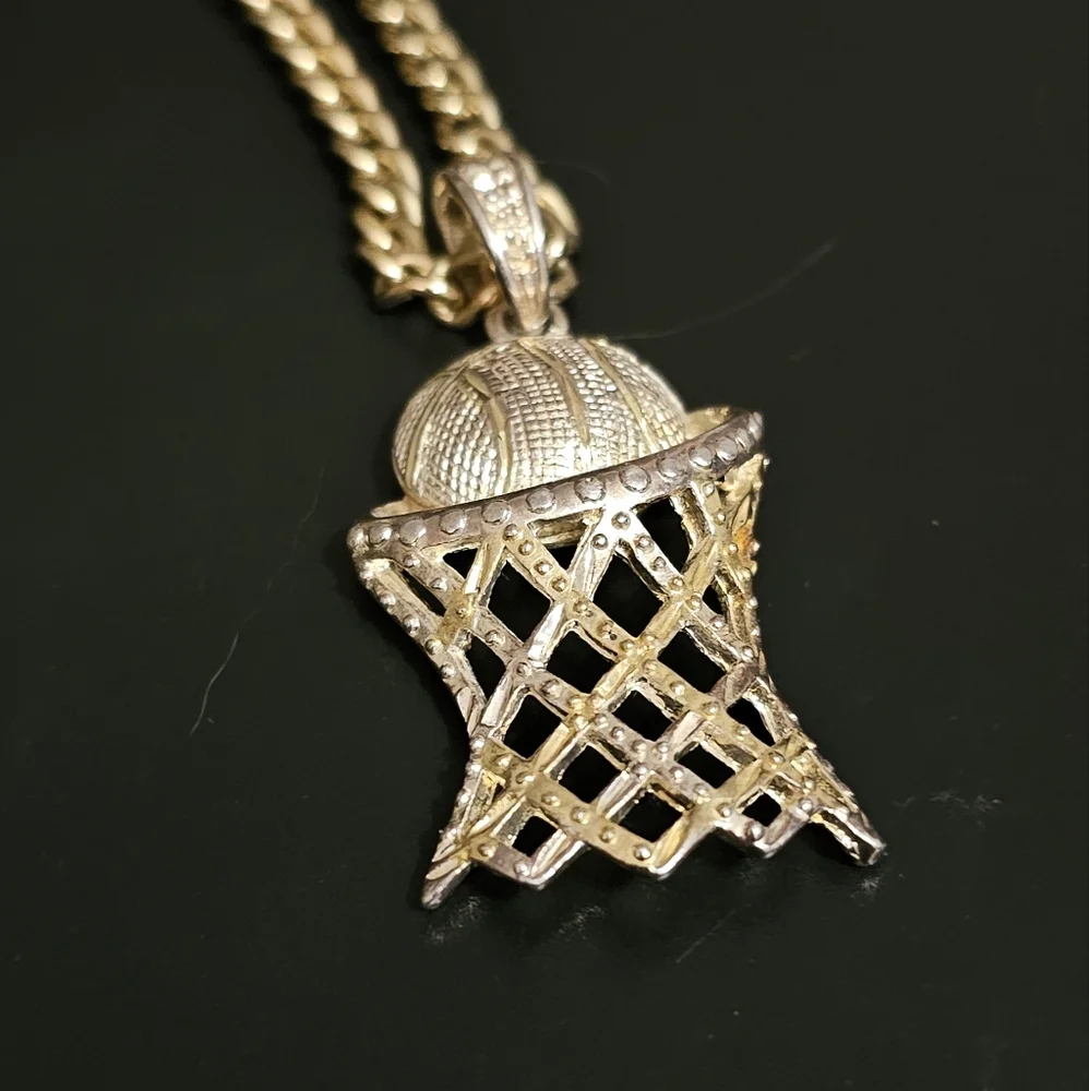 Vintage Gold Plated Basketball Hoop Pendant Necklace.
